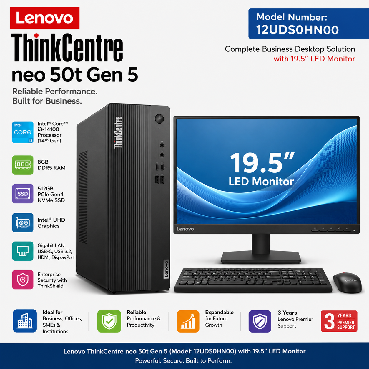 Lenovo ThinkCentre Neo 50t Gen 5 12UDS0HN00 | Intel Core i3-14100 Desktop PC
