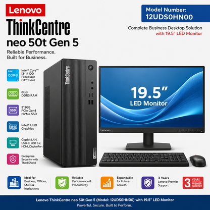Lenovo ThinkCentre Neo 50t Gen 5 12UDS0HN00 | Intel Core i3-14100 Desktop PC