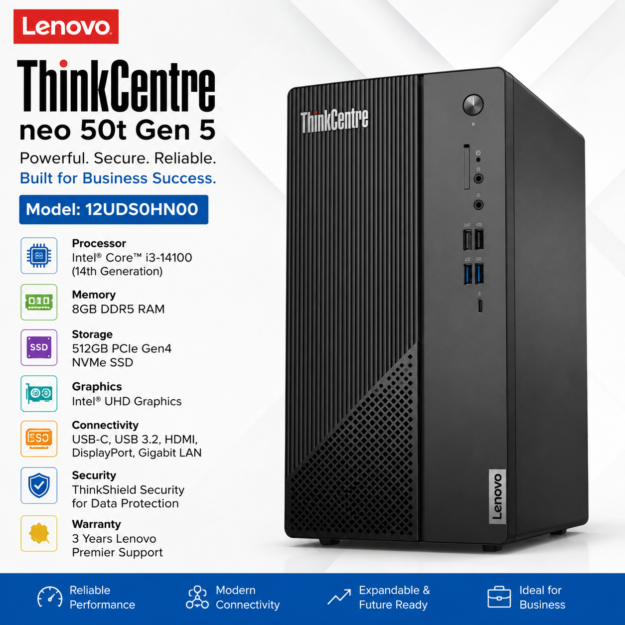 Lenovo ThinkCentre Neo 50t Gen 5 12UDS0HN00 | Intel Core i3-14100 Desktop PC